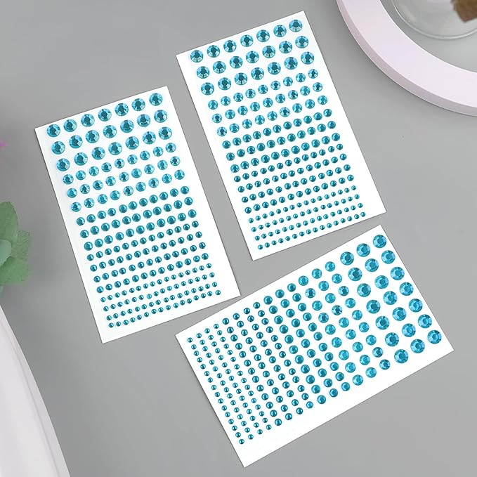 591pcs Face Gems Hair Gems Pearls, Self-Adhesive Face Jewels Eye Rhinestones 3/4/5/6/8 mm Face Gem Stick on, Halloween Makeup Gems Rave Accessories for Face Eyes Body Makeup (19.Aqua Blue)