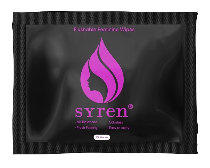 Syren Flushable Feminine Wipes, 20 Pieces, Odorless, Plant-Based, Easy to Carry