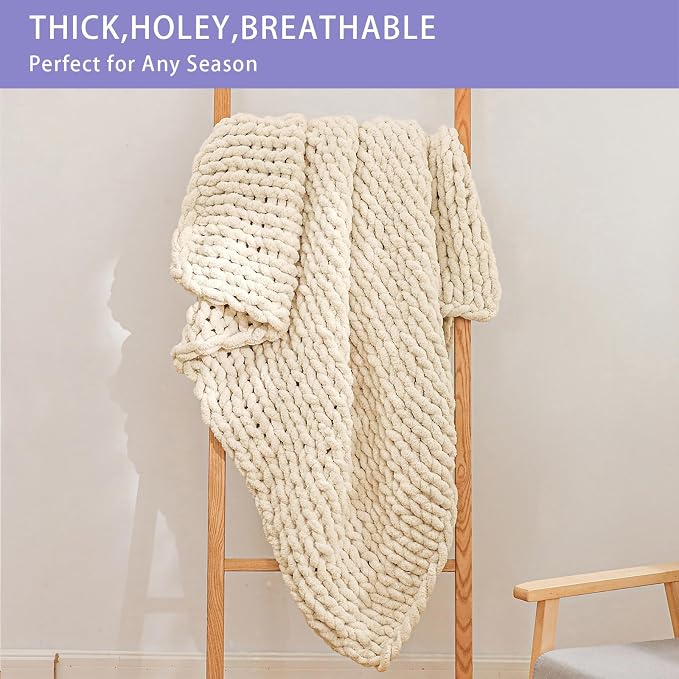 Bigacogo Chunky Knit Throw Blanket for Couch, 40x40 inches, Beige | Hand Knit with Jumbo Chenille, Soft Breathable Cable Knit for Sofa Bed Living Room, Machine Washable, Gift for Mom Friend