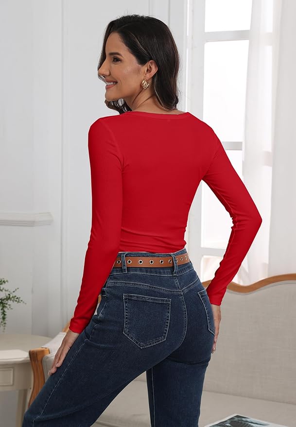 Roselux Womens Long Sleeve Scoop Neck Ribbed Knit Fitted Casual Tops Tee Slim Basic Shirts