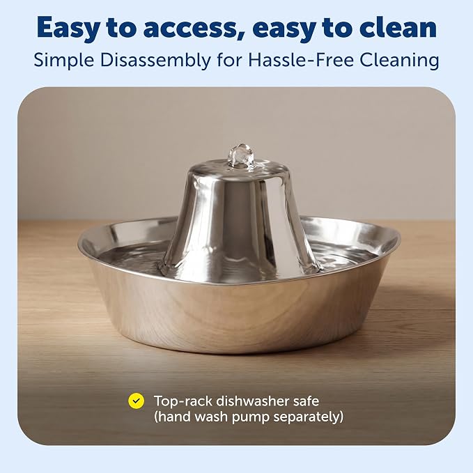 Seaside Stainless Cat & Dog Fountain with 4-Pack of Carbon Filters | 60 Oz Capacity with Extra Carbon Filters, Triple-Filter Operation, 360-Degree Flow, Rust-Resistant Stainless Steel