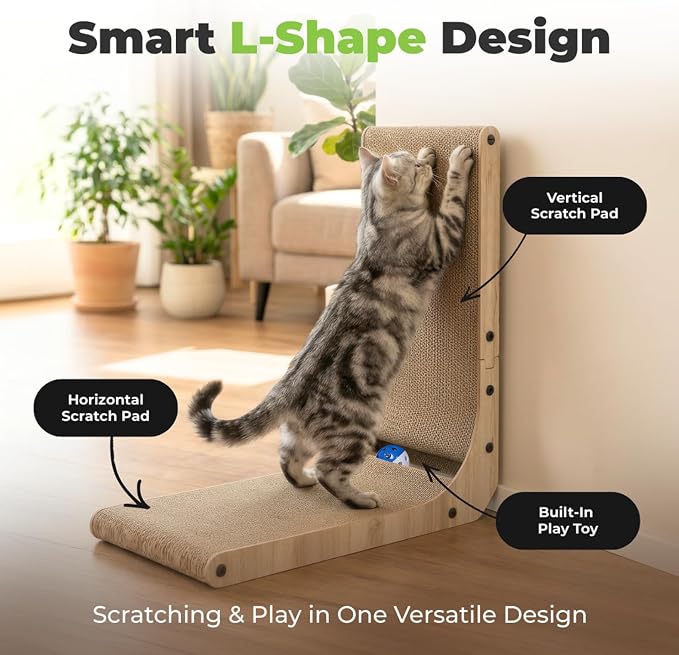 Best Pet Supplies Catify L-Shaped Cardboard Cat Scratcher - H: 19" | 15"x 9"x19", Ball Toy Included, Durable Corrugated Cardboard, Space Saving Design, Furniture Protector, Indoor Cats & Kittens