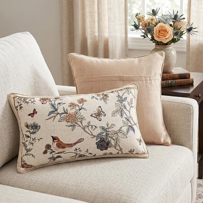 Designer Vintage Linen Throw Pillow Cover,20"x12"-Cornucopia A | Elegant French Rectangle Pillow Cover,Concealed Zipper,Floral and Bird Pattern,Sofas,Bedroom,Living Room,Lounge Chairs