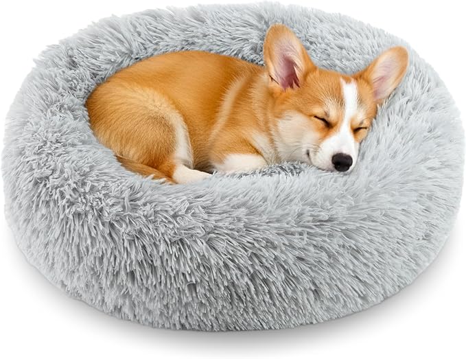 Calming Donut Dog and Cat Bed for Indoor Cats, Anti-Anxiety Round Fluffy Soft Washable Small Pet Bed for Puppy and Kitten, Warming Comfortable Luxury Anti-Slip Waterproof Mute Base 20in Gray