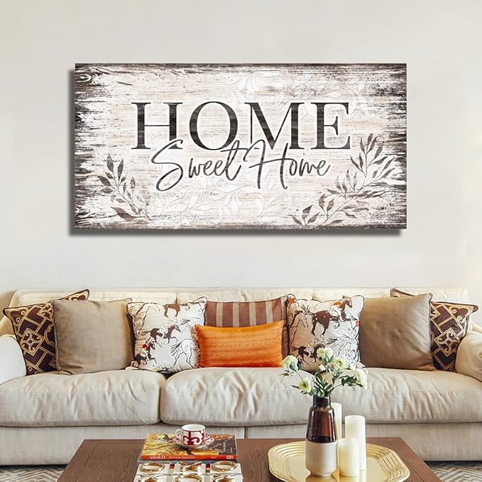 arteWOODS Home Sweet Home Wall Art Sign Large Dark Brown Farmhouse Wall Sign for Living Room Decoration Wooden Board Design Canvas Prints Modern Rustic Artwork Leaf Pictures Wall Decor 29" x 58"