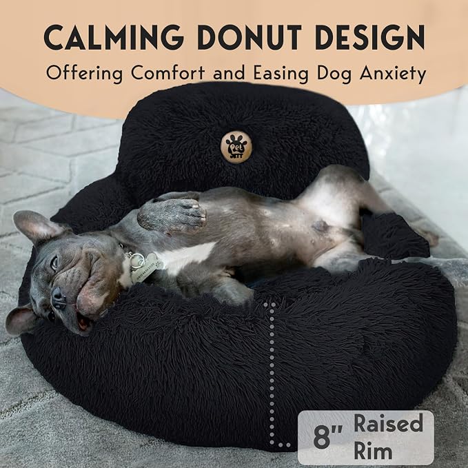PetJett Calming Dog Bed for Small Dogs – 23" Donut Dog Beds, Anti-Slip & Washable Fluffy Plush Faux Fur Pet Bed, Anti-Anxiety Premium Comfort Round Puppy Bed, Fits Dogs up to 25 lbs – Black
