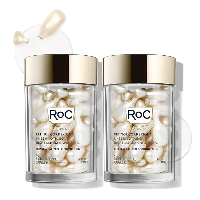 RoC Retinol Correxion Anti-Aging Wrinkle Night Serum, Retinol Serum for Face, Daily Treatment for Fine Lines, Post Acne Scars, 80 Capsules (Limited Edition Value Set), Unscented