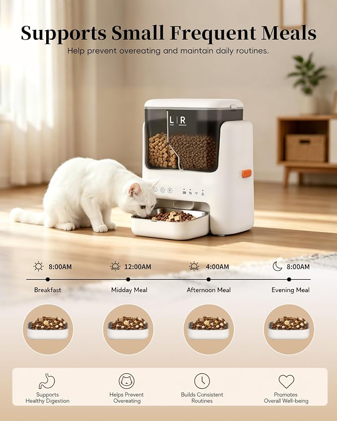 Automatic Cat Feeder, Dual Hopper for Meals & Treats, App Control | Two dry food choices, app feeding plans, 5L capacity, removable bowl, and backup power option for indoor feeding.