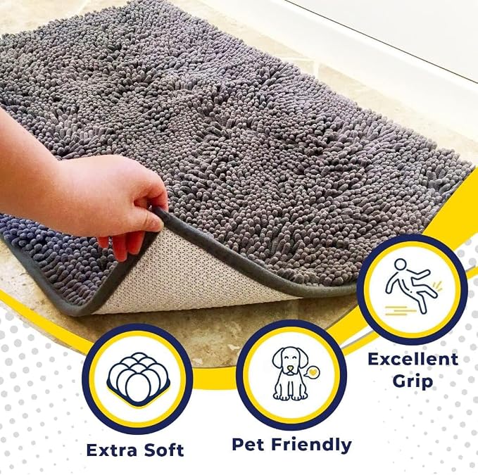 Muddy Mat® | Super Water Absorbent Door Mat Indoor, Microfiber Quick Dry Chenille Entryway Rug, Slip Resistant Front Door Mat, Indoor Mats for Entryway, Machine Washable Pet Rug, Grey 3ft x 8ft