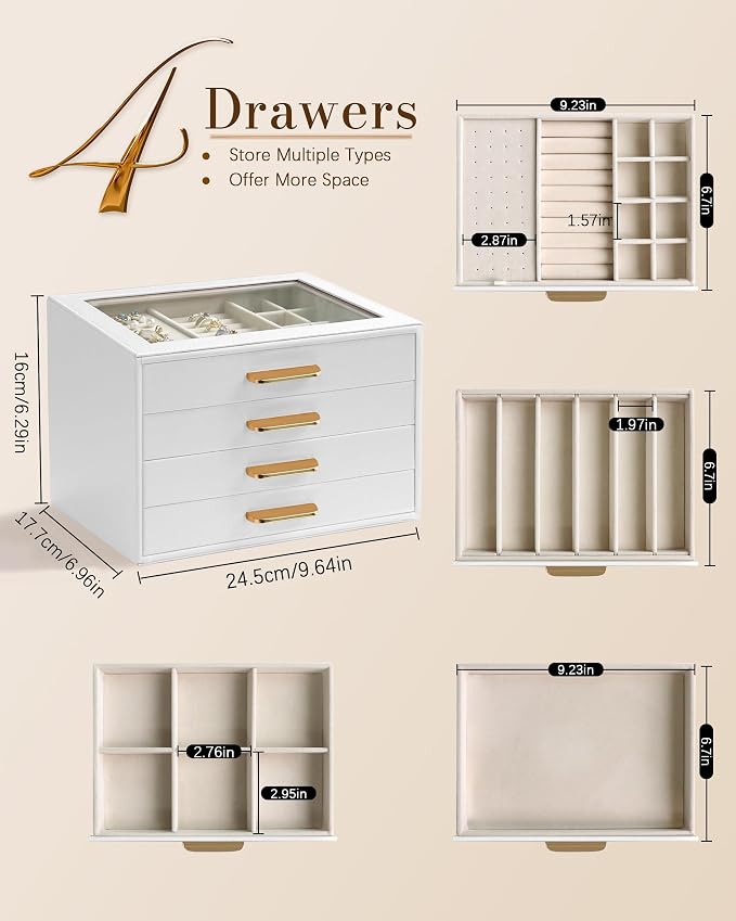 Homeanda Jewelry Boxes Organizer with Glass Lid, 4-Layer PU Leather, White | Modern style display case with 4 drawers for daily jewelry, women, mom or girl gift