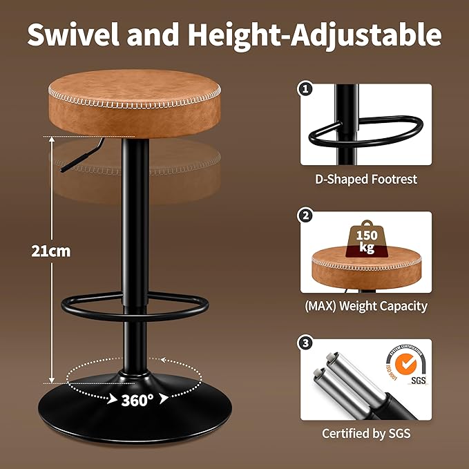 Tall Bar Stools Set of 2 Modern Microfiber Leather Bar Height Stools with Round Seat 360° Swivel Backless Counter Stools Adjustable Barstools for Kitchen Island Pub Brown(24-33 Inch,330lbs)