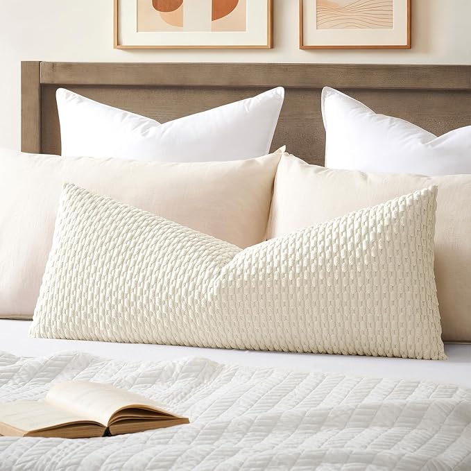 Kevin Textile Soft Corduroy 20"x54" Body Pillow Cover 1 Pack, Cream White | Boho Stripe Plush Corduroy Decorative Oblong Cushion Cover Modern Farmhouse Home Decor for Sofa Couch Bed Chair