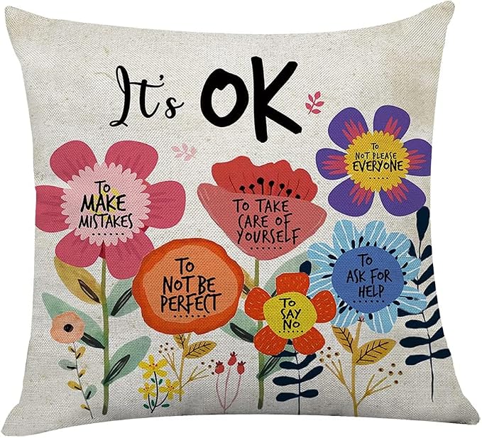Littlefa It's OK Inspiring Flower Throw Pillow Cover Decorative Pillowcase | Motivational Cute Decorative Pillow Cover for Girls Kids,Mental Health Inspirational Saying Pillow Cover for Conseling Office