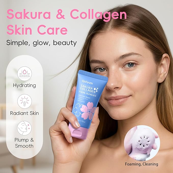 Sakura Collagen Skin Care Set - 5pcs Skincare with Facial Cleanser, Serum, Cream, Pink Facial Brush, Bunny Hair Band & Makeup Bag, Deep Cleansing, Hydrating, Firming, Even Tone, Radiance