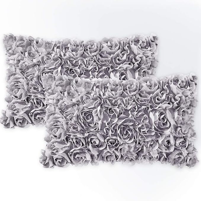 MIULEE Decorative Rose Flower Pillow Covers Pack of 2 Grey 12x20 Inch | Cute Romantic Stereo Chiffon Throw Pillow Cover Aesthetic Solid Pillowcase for Girl Coquette Room Decor Coach Bedroom