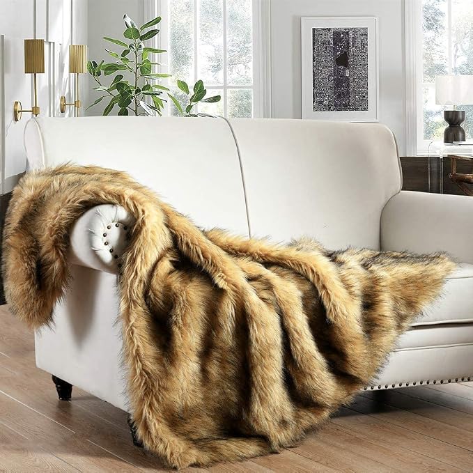 Luxury Plush Faux Fur Throw Blanket, Long Pile Golden Yellow with Black Tipped Blanket, Super Warm, Fuzzy, Elegant, Fluffy Decoration Blanket Scarf for Sofa, Armchair, Couch and Bed, 60''x 80''