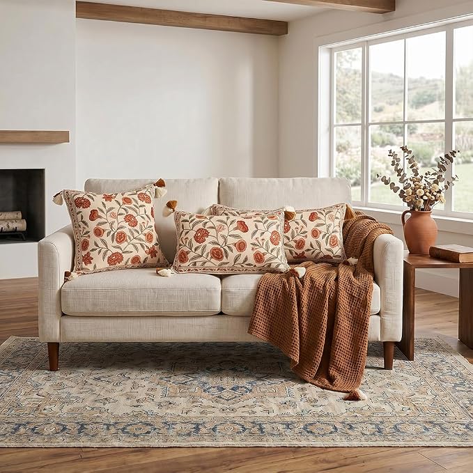 French Linen Rectangle Throw Pillow Cover,Set of 2,28"x12"-Albano A | Designer Vintage Pillow Cover,Concealed Zipper Design,Orange Floral Pattern,Sofa,Bedroom,Living Room,Lounge Chairs