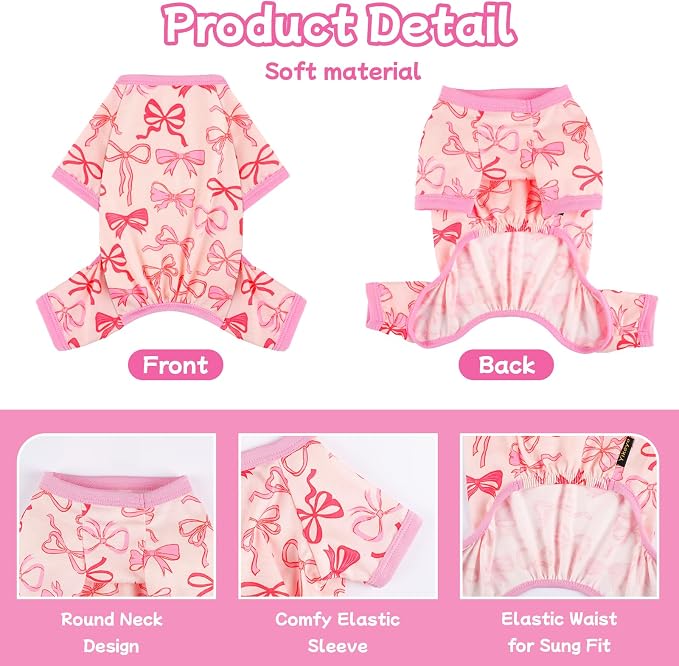 DaFuEn Dog Pajamas for Small Dogs, Soft Stretchy 4 Legs Puppy Jumpsuit, All Season Cozy Pet PJs for Chihuahua Yorkie Teacup Dogs, Cat Clothes (Pink Bow, S)