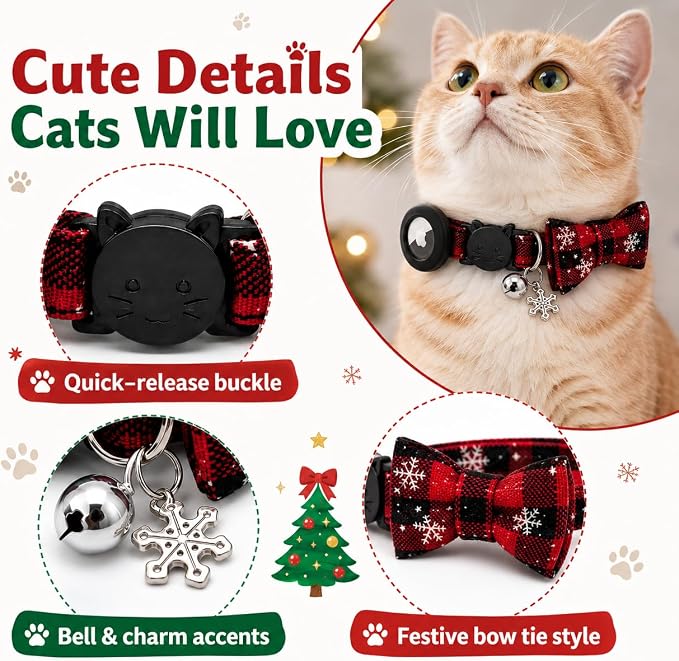 Cat Collar Breakaway 2packs, Reflective Kitten Collar with Apple Air Tag Holder and Bell for Girl Boy Cats, 0.4 Inches in Width and Lightweight (Red and Green)
