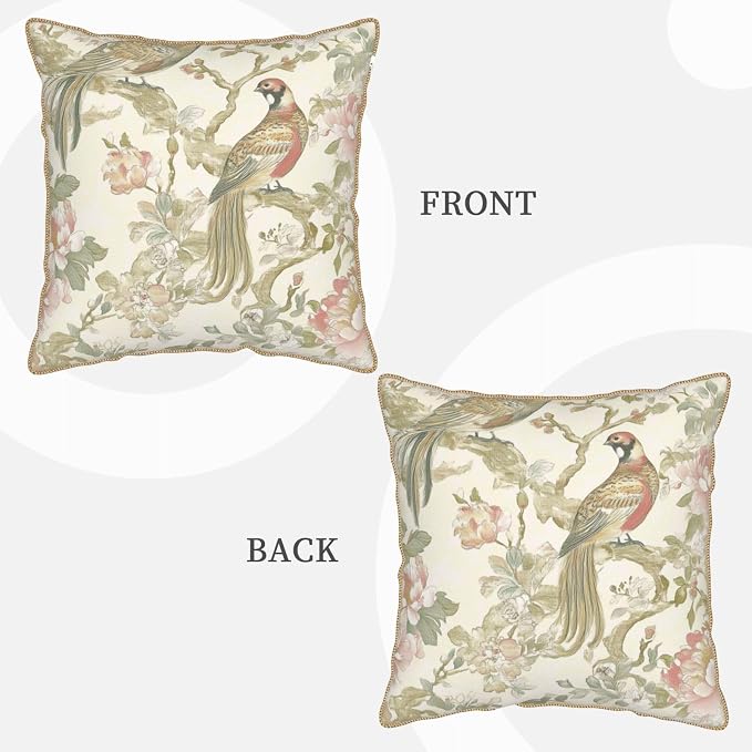 Vintage Bird Floral Velvet Pillow Covers 18x18 Inch Chinoiserie Flowers Leaves Throw Pillows for Couch Farmhouse Cushion Covers Pillowcase Light Green Leaf Pillow Cases for Sofa Bed Outdoor Decor