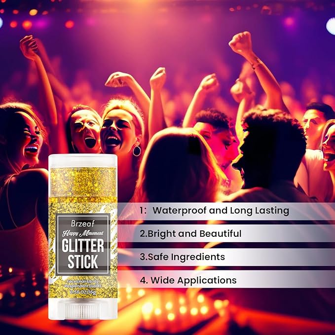 Brzeaf Waterproof Gold Glitter Stick, Face Glitter Makeup, Shimmery & Long Lasting, Chunky Glitter for Face/Body/Hair/Eyes/Lip, Singer Concert Music Christmas Rave Festival