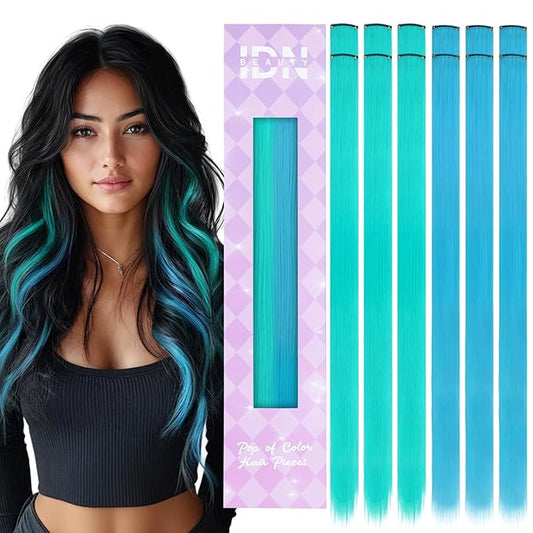 IDN BEAUTY Colored Clip in Hair Extension, 12PCS Teal Sky Blue 24Inch Multicolored Deep Purple Mix Synthetic Hair Pieces for Women, Hair Accessories for Party Cosplay Travel Birthday