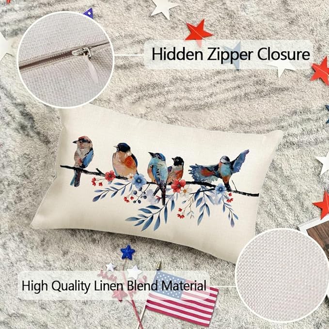 RABUSOFA 4th of July Memorial Day Patriotic Lumbar Throw Pillow Cover,12x20 Inch Red White and Blue Birds Flowers Independence Day American Fourth of July Decoration for Sofa Couch