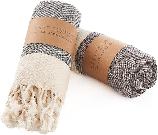 BAY LAUREL Turkish Hand Towel – Pack of 2 | Soft & Absorbent Decorative Towels for Bathroom, Hand, Face, Hair, Gym, Yoga, SPA, Kitchen & Tea | Boho Decor (Latte, Herringbone 15x26 Inches (Set of 2)