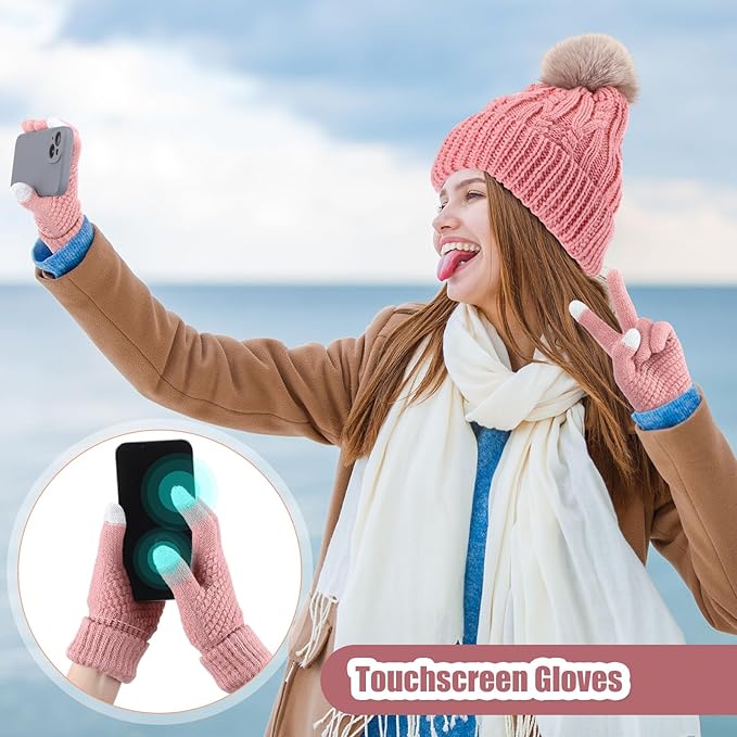 SATINIOR 5 Pcs Winter Hat Scarf Gloves Set Fleece Warm Lined Knit Beanie Hat Touch Screen Earmuff Gloves Warmer for Women(Pink,Fresh Style)