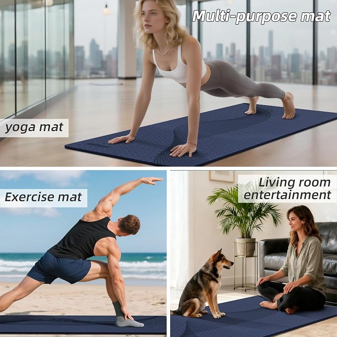 Large Exercise Mat | 10mm Thick TPE Non-slip Gym Mats, Carrying Strap