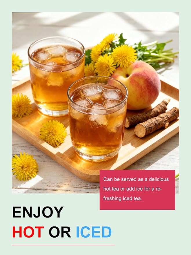 TeeLux Peach Dandelion Burdock Root Tea Bags, Sweet Cinnamon with Zesty Ginger & Toasty Roasted Dandelion Root, Caffeine Free, 100 Count