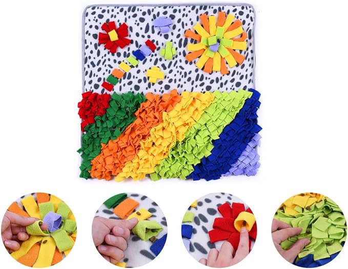 Vedem Small Animal Snuffle Mat Fleece Foraging Mats Interactive Feeding Toy Rabbit Guinea Pig Rat Hamster Anti Slip Treat Dispenser (Leopard-Rainbow)