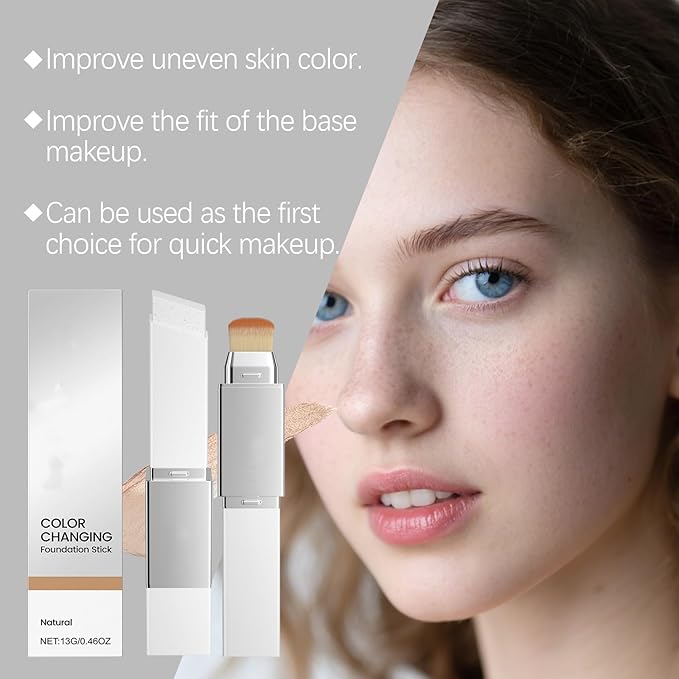 Color Changing Foundation Stick, Medium to Full Coverage Cream Stick Hydrating Makeup, Dual-Ended with Soft Brush for Flawless Look, Portable & Travel-Friendly (Dark Skin)
