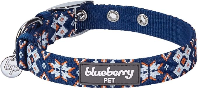 Blueberry Pet Southwestern Modern Tribal Print Navy Braided Adjustable Dog Collar with Metal Buckle, Neck 17-20.5", for Large Breed