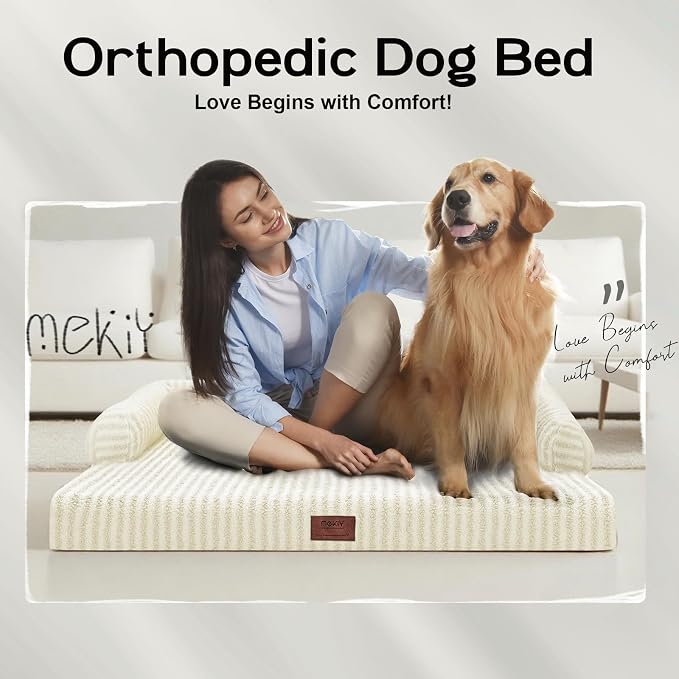 Orthopedic XL Dog Bed with Bolster for Extra Large Size Dogs | Pillow Support for Neck Relief, Egg Crate Foam, Skin-Friendly Surface, Waterproof Liner, Anti-Slip Bottom, 42 x 30 Inch