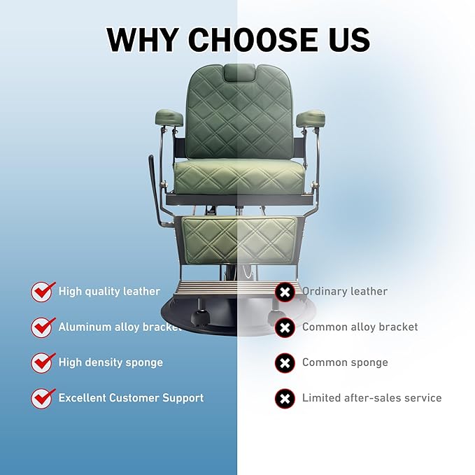 Barber Chair for Hair Stylist, Heavy Duty Salon Chair Supports up to 550lbs, Black Barber Chair Reclining, 360 Degree Swivel for Professional Salon (Green)
