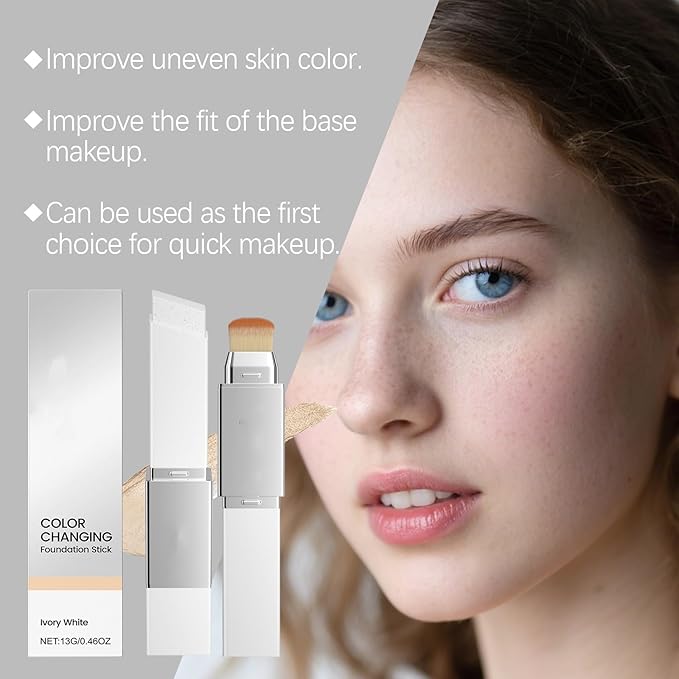 Color Changing Foundation Stick, Medium to Full Coverage Cream Stick Hydrating Makeup, Dual-Ended with Soft Brush for Flawless Look, Portable & Travel-Friendly (Ivory White)