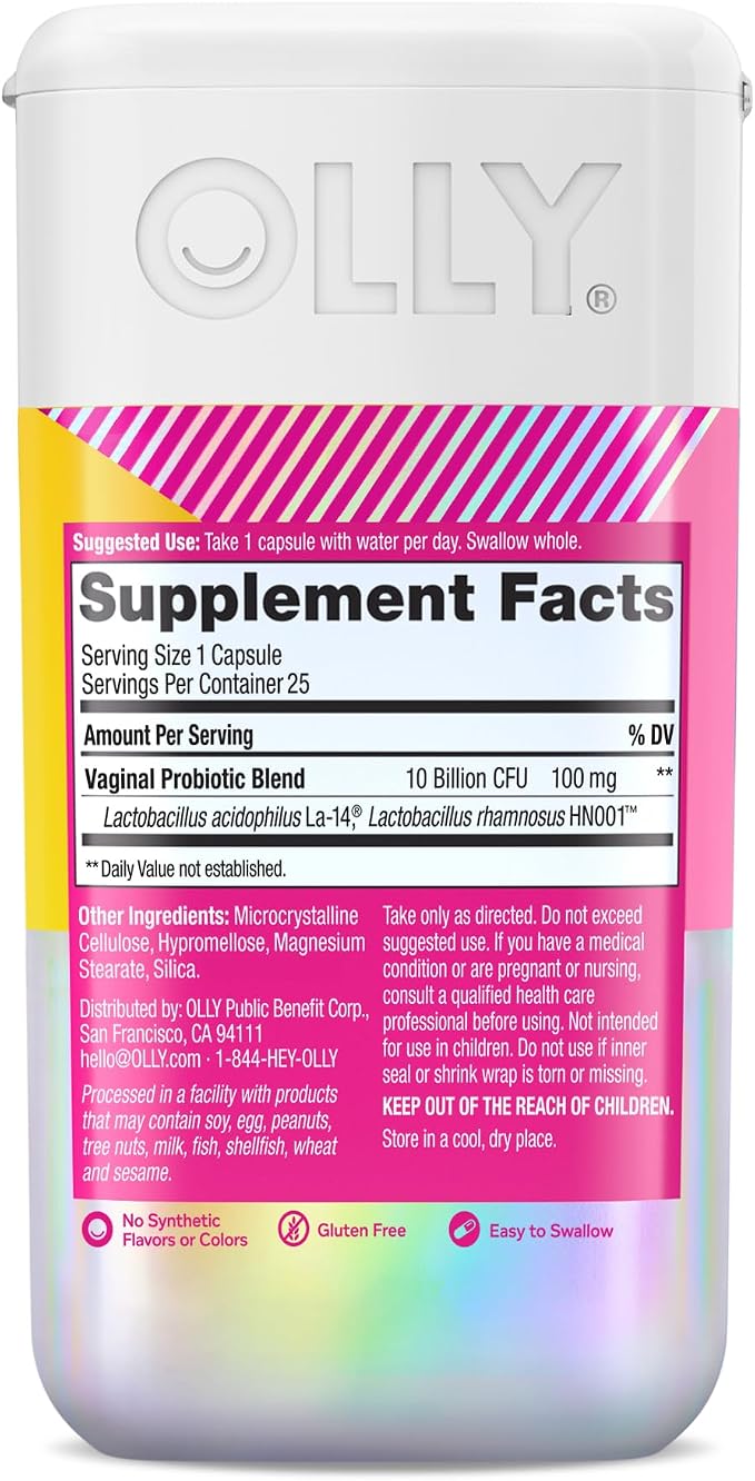 OLLY Happy Hoo-Ha Capsules, Vaginal Probiotics for Women or People with Vaginas, Vaginal Health and pH Balance,* 10 Billion CFU Per Capsule - 25 Count