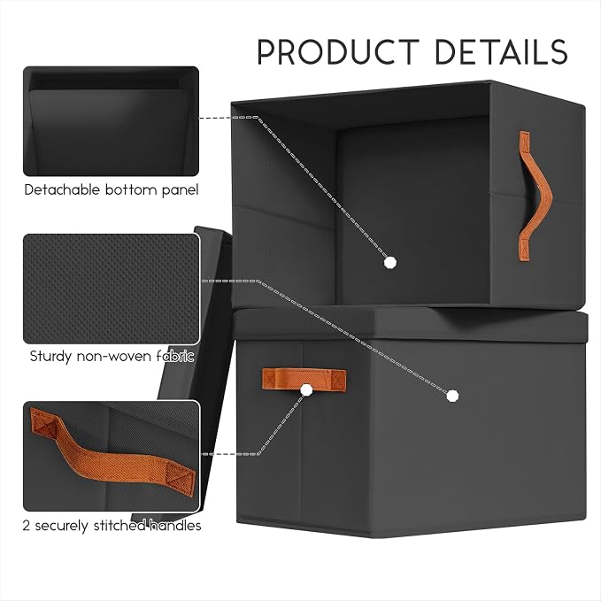 Storage Bins with Lids - Large Fabric Closet Bins with Lid, 5 Pack Clothes Organizers and Storage, Collapsible Stackable Cube Basket for Home, Office, Dorm, Black
