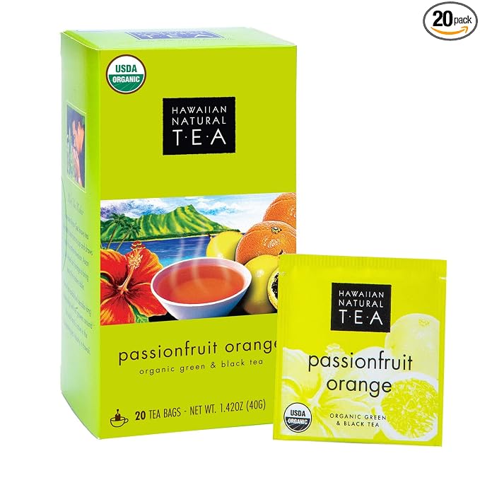 Hawaiian Natural Passion Fruit Orange Flavored Organic Tea - Tropical Fruit Green & Black Tea Blend, Perfect Daily Cup & Gift - 20 Bags
