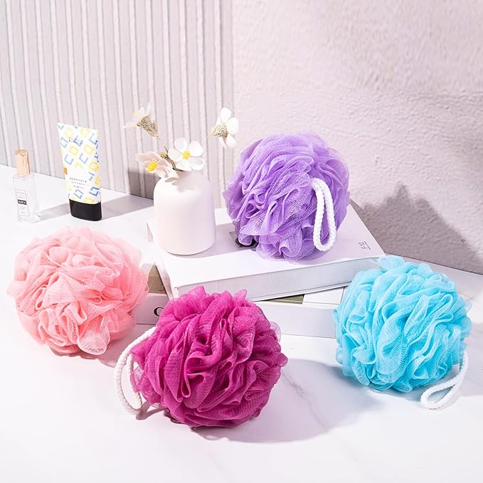MTDLYICE Loofah for Women 75g 4 Pack, Bath Sponge Soft Mesh Shower Puff Loofah Sponge, Exfoliating Body Scrubber, lufas for Women, Shower Accessories (Purple Red Pink Blue)