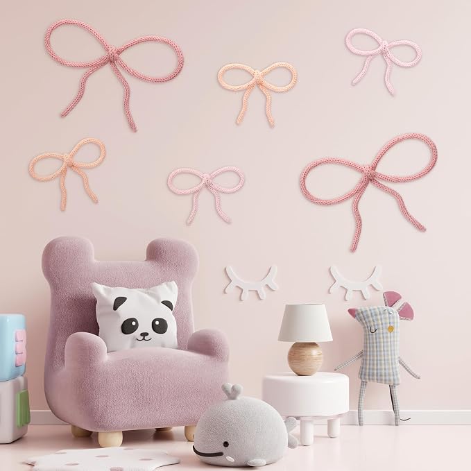 Barydat 6 Pcs Pink Bow Wall Decor Girls Coquette Nursery Decoration Room Decor Hanging 2 Size Woven Bowknot Shaped Wall Art Pink Preppy Decoration for Girls Living Room Dorm