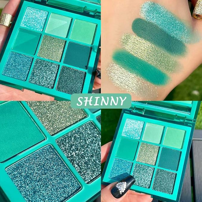 evpct 9 Colors Teal Eyeshadow Palette, Turquoise Cyan Light Blue Dark Green Glitter Metallic Shimmer Sparkly Eye Shadow Palette Makeup for Older Women Blue Eyes, Waterproof Highly Pigmented Eyeshadow