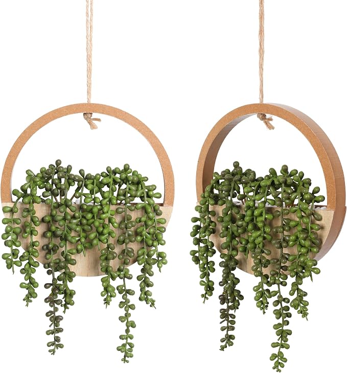 2pcs Artificial Succulents Hanging Plants 20.1'' Fake String of Pearls in Pot with 9.4'' Lanyard for Indoor Outdoor Wall Decor（Wood Color）
