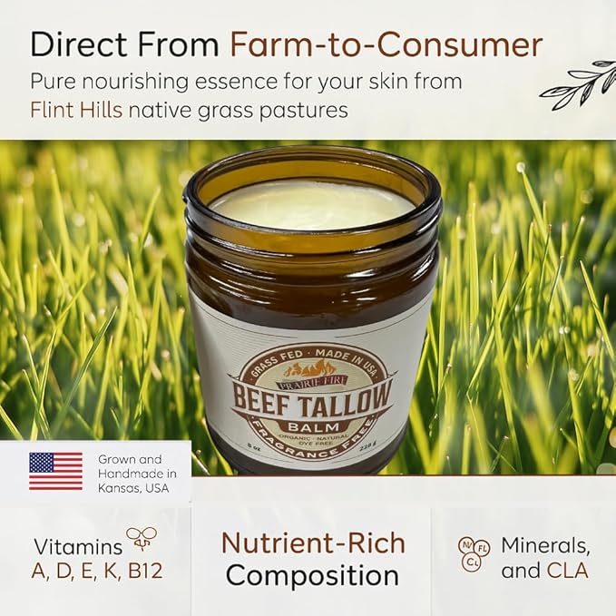 Grass Fed Beef Tallow Balm - 8 oz - Made in USA - Organic Grass Fed and Finished - Moisturizing Skin Care Peppermint