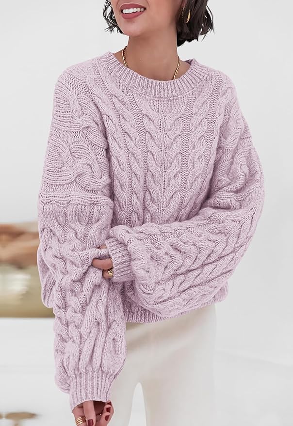 PRETTYGARDEN Womens Sweaters Spring 2026 Cable Knit Long Sleeve Crewneck Oversized Sweater Chunky Pullover Loose Outfits