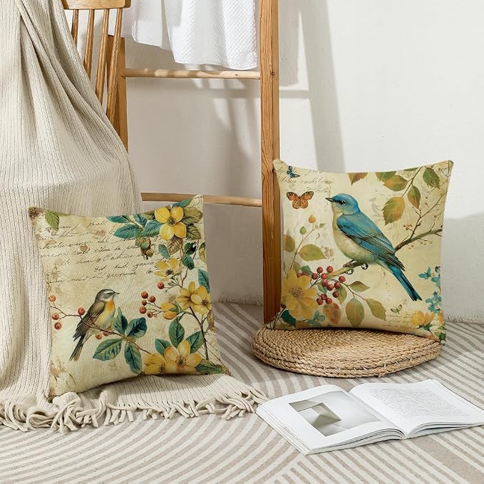 wyooxoo Spring Pillow Covers 18x18 Set of 4 Summer Farmhouse Throw Pillow Covers Floral Bird Decorative Cushion Cases for Sofa Couch Outdoor Bedroom