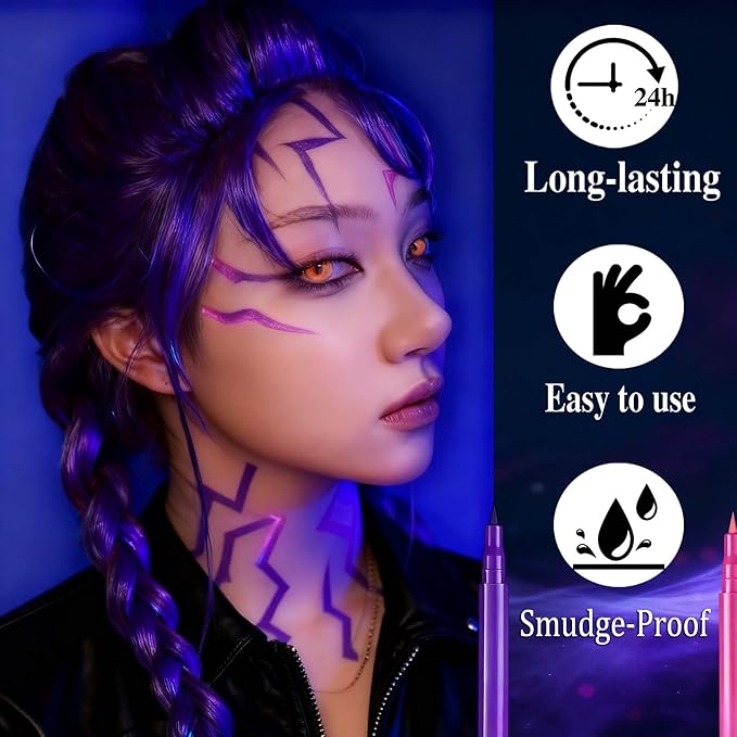 Mysense Cosplay Makeup Set with 6 PCS Purple Hair Extensions, 22-Inch Clip-ins, Purple and Hot Pink Eyeliner, Temporary Tattoo Markers, Rave Accessories for Music Festivals, Stage&Costume Parties