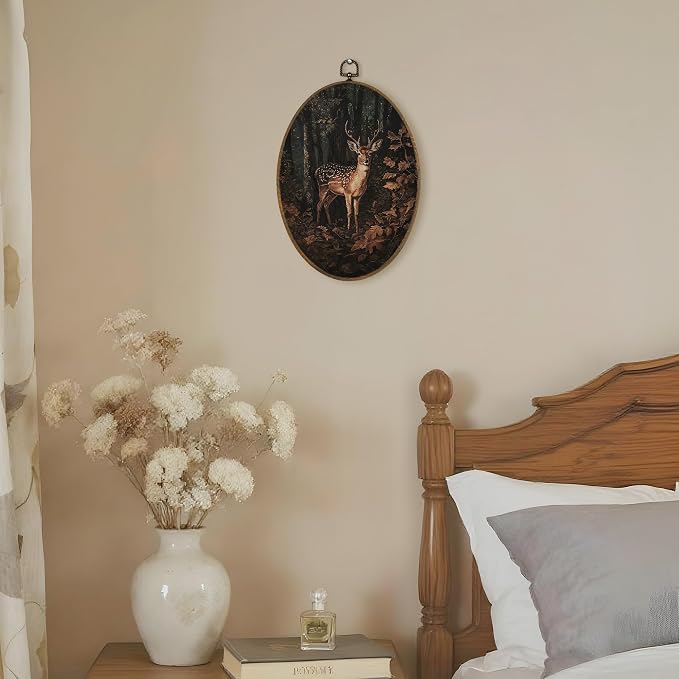 LKETW Vintage Nature Forest Deer Oval Wall Art Decor, Dark Academia Cottagecore Fall Forest Deer Oval Canvas Hanging Decor, Rustic Wild Animal Wall Decorations for Home Bedroom, 8.6x11.4 Inch