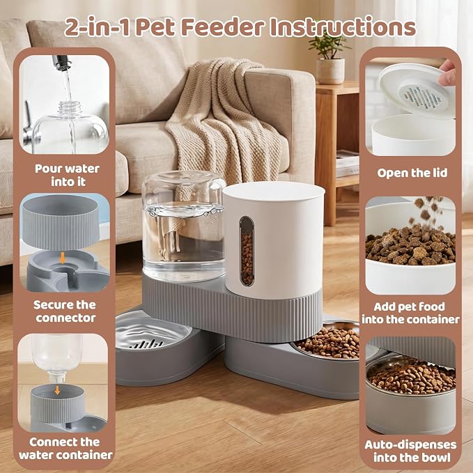 Gravity Cat Feeder 2 Pack Automatic Food Feeder and Water Dispenser Set Detachable Pet Bowl with Silicone Mat for Cats Small Medium Dogs, Large Capacity(Grey)